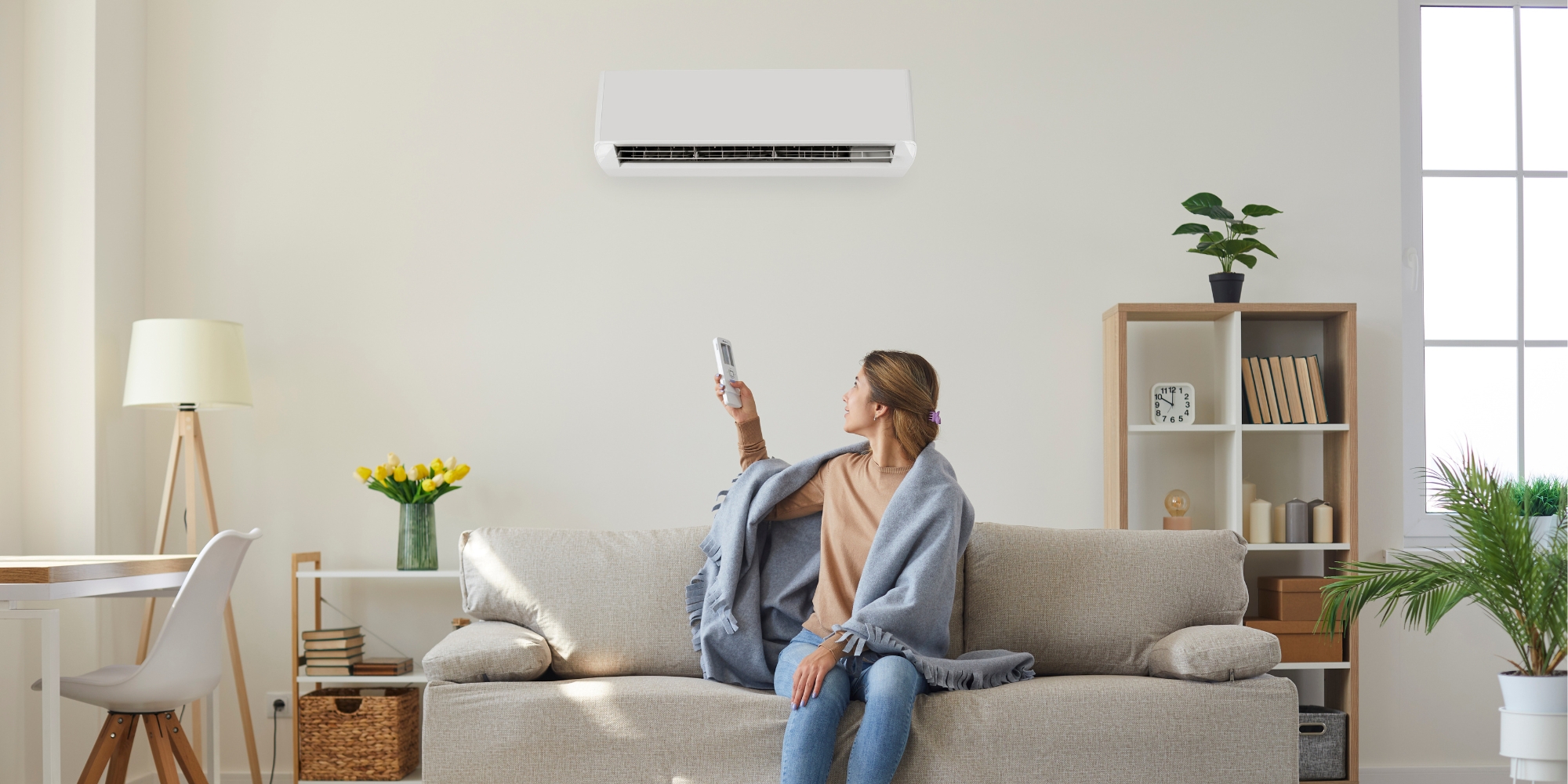 woman on a couch with AC remote