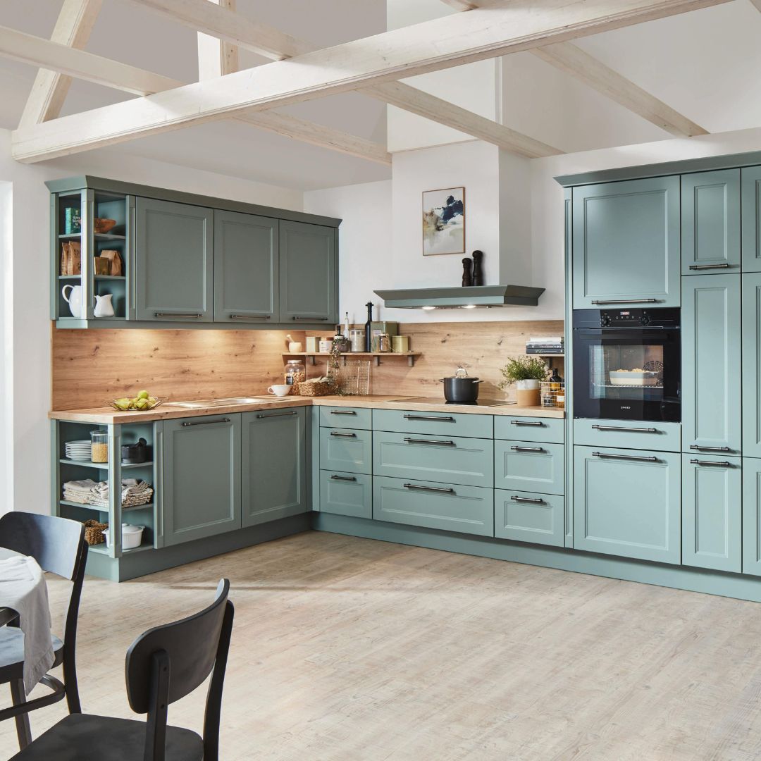 modern kitchen space with light blue cabinets