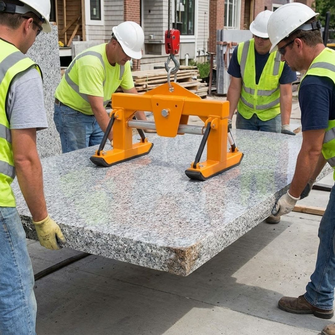 Two trained professionals use specialized suction-cup lifting tools to safely maneuver a heavy granite slab inside a workshop.