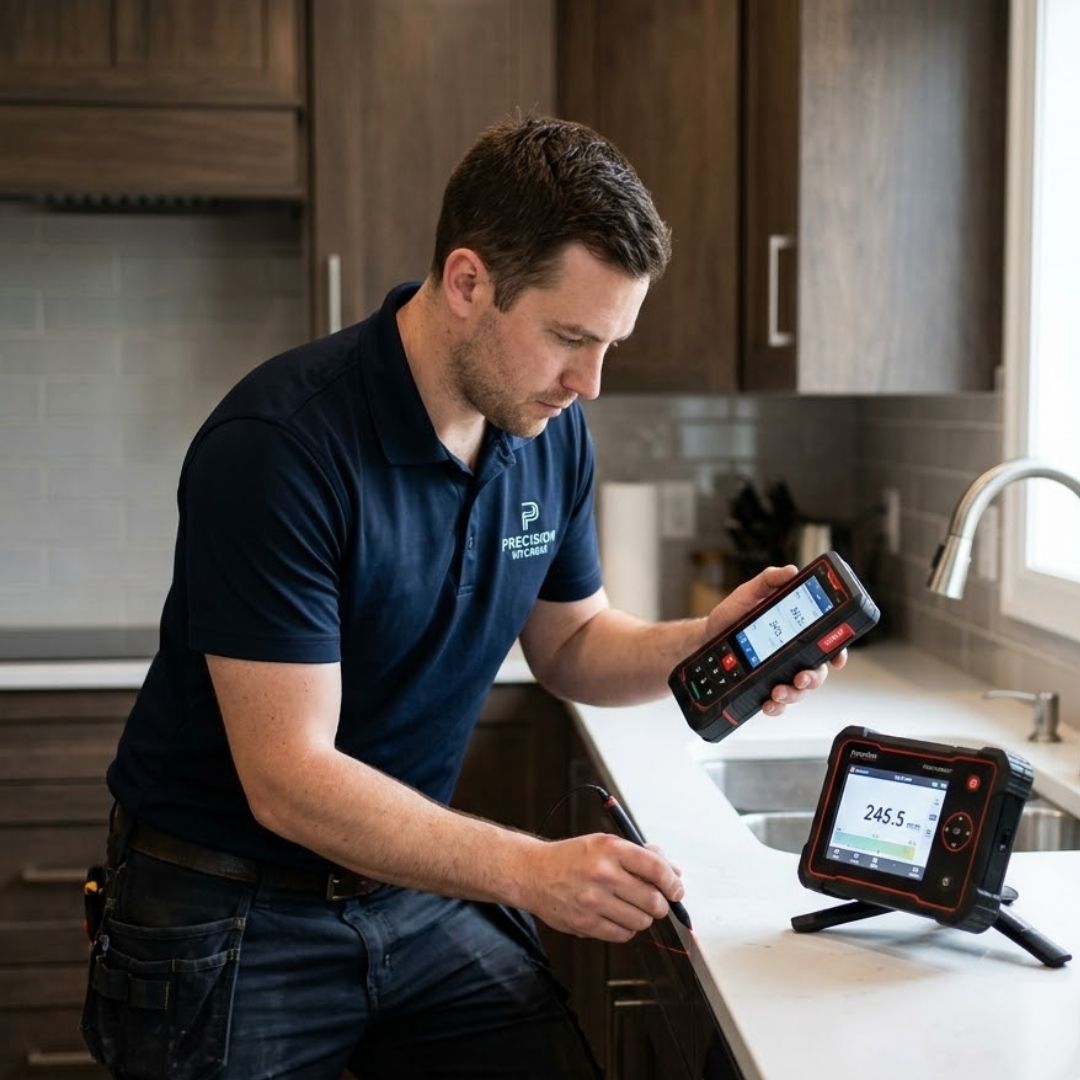A technician captures precise kitchen measurements using a sophisticated digital laser templating device on an existing countertop structure.