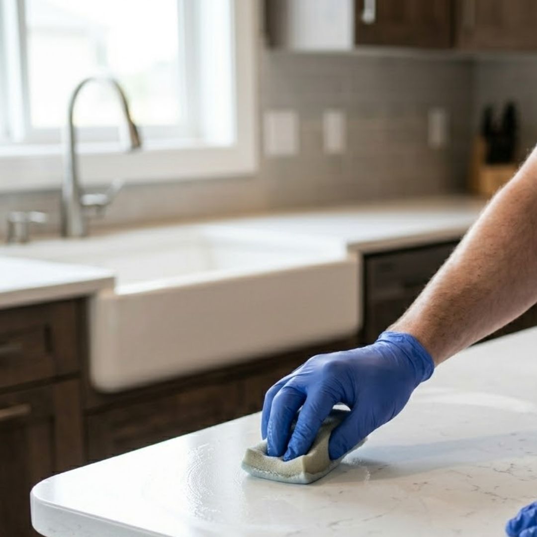 A close-up shot of a trade professional wearing gloves, meticulously applying a protective impregnating sealer to the surface of a polished quartz kitchen island.