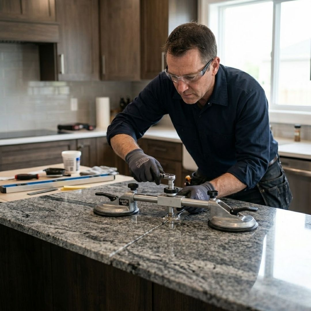 An experienced lead installer uses specialized seam-setting equipment to ensure a perfectly level and tight join between two large granite countertop sections.